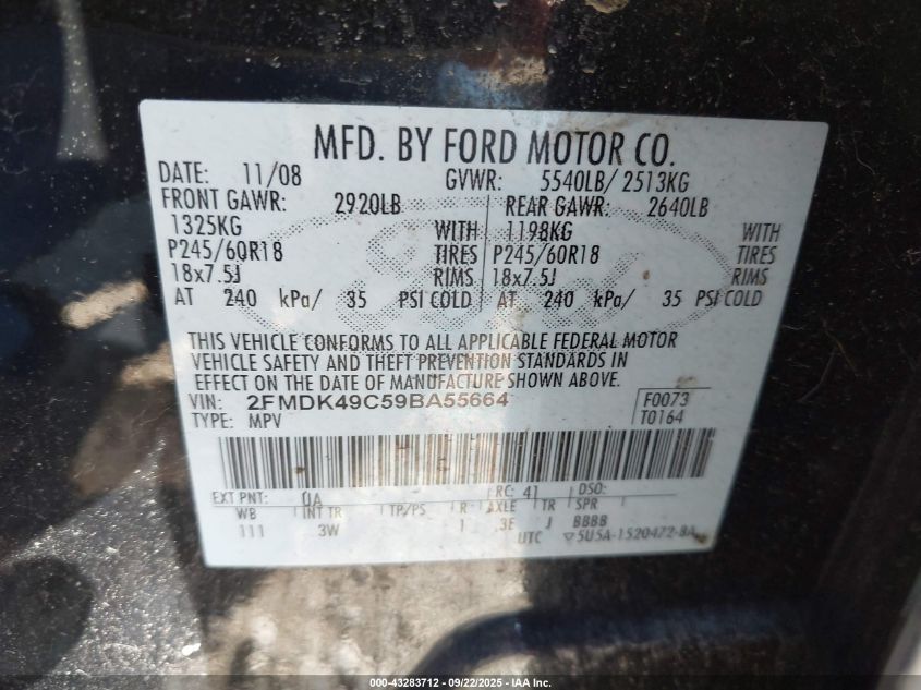 2009 Ford Edge Limited VIN: 2FMDK49C59BA55664 Lot: 43283712