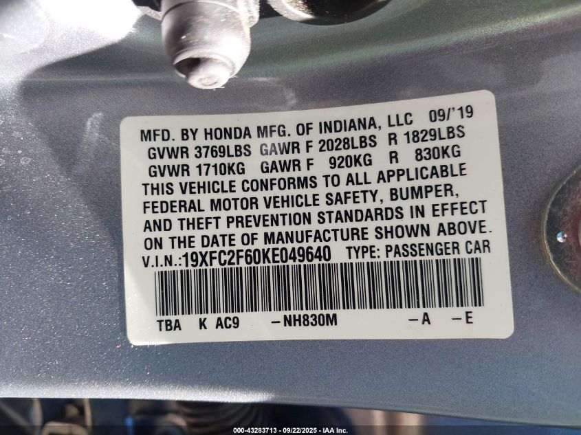 2019 Honda Civic Lx VIN: 19XFC2F60KE049640 Lot: 43283713
