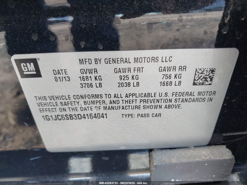 2013 CHEVROLET SONIC LT AUTO 1G1JC6SB3D4164041