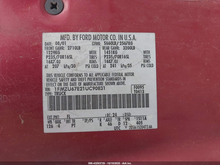 2001 Ford Explorer Sport Trac VIN: 1FMZU67E21UC90831 Lot: 43283729