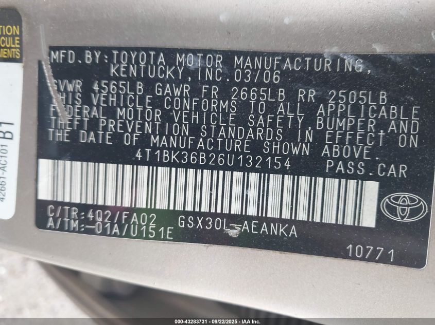 2006 Toyota Avalon Xl VIN: 4T1BK36B26U132154 Lot: 43283731