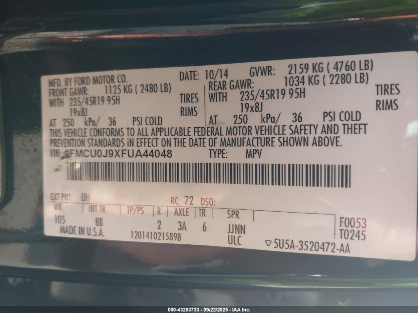 2015 Ford Escape Titanium VIN: 1FMCU0J9XFUA44048 Lot: 43283733