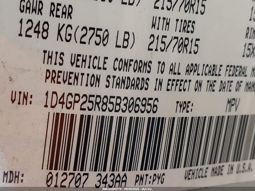 2005 Dodge Caravan Se VIN: 1D4GP25R85B306956 Lot: 43283779