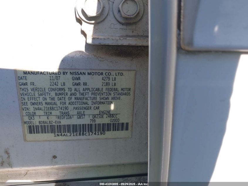 2008 Nissan Altima 2.5 S VIN: 1N4AL21E88C174190 Lot: 43283805