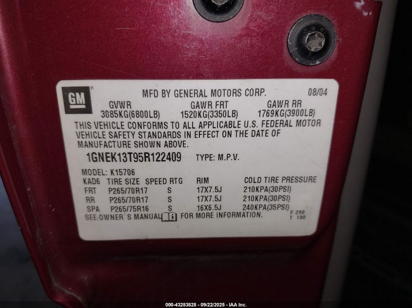 2005 Chevrolet Tahoe Z71 VIN: 1GNEK13T95R122409 Lot: 43283828