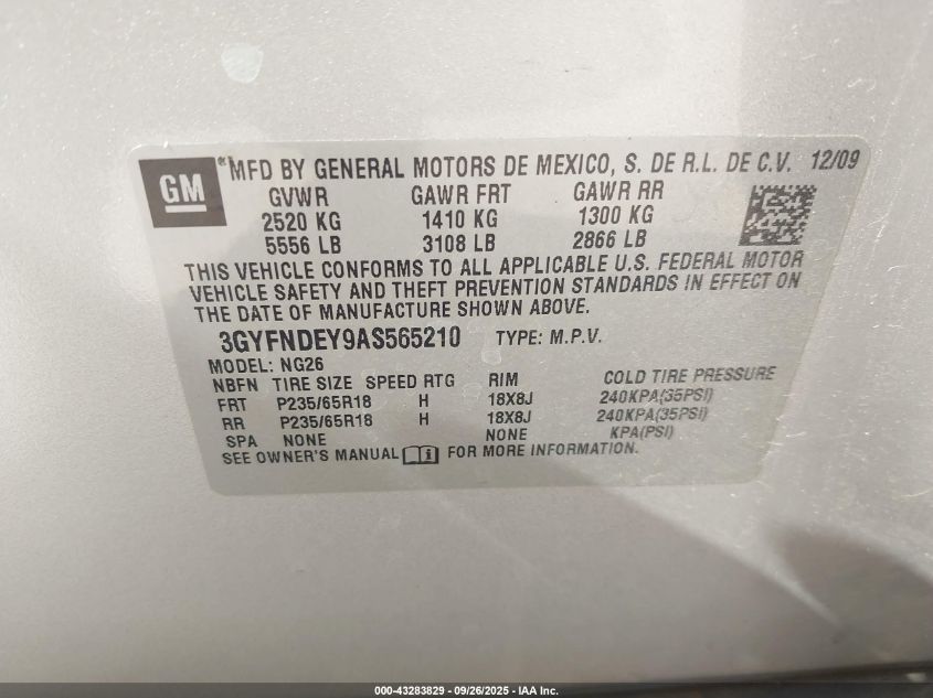 2010 Cadillac Srx Luxury Collection VIN: 3GYFNDEY9AS565210 Lot: 43283829