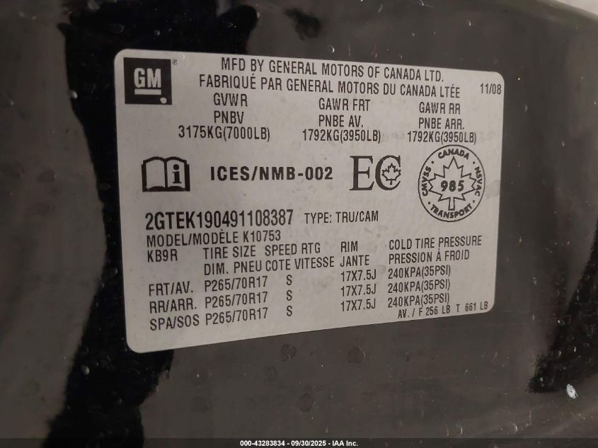 2009 GMC Sierra 1500 Work Truck VIN: 2GTEK190491108387 Lot: 43283834