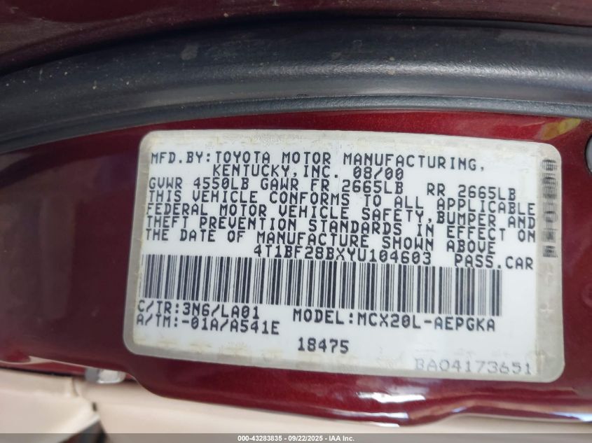 2000 Toyota Avalon Xls VIN: 4T1BF28BXYU104603 Lot: 43283835