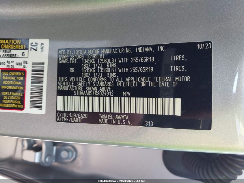 2024 Toyota Grand Highlander Xle VIN: 5TDAAAB54RS024912 Lot: 43283842