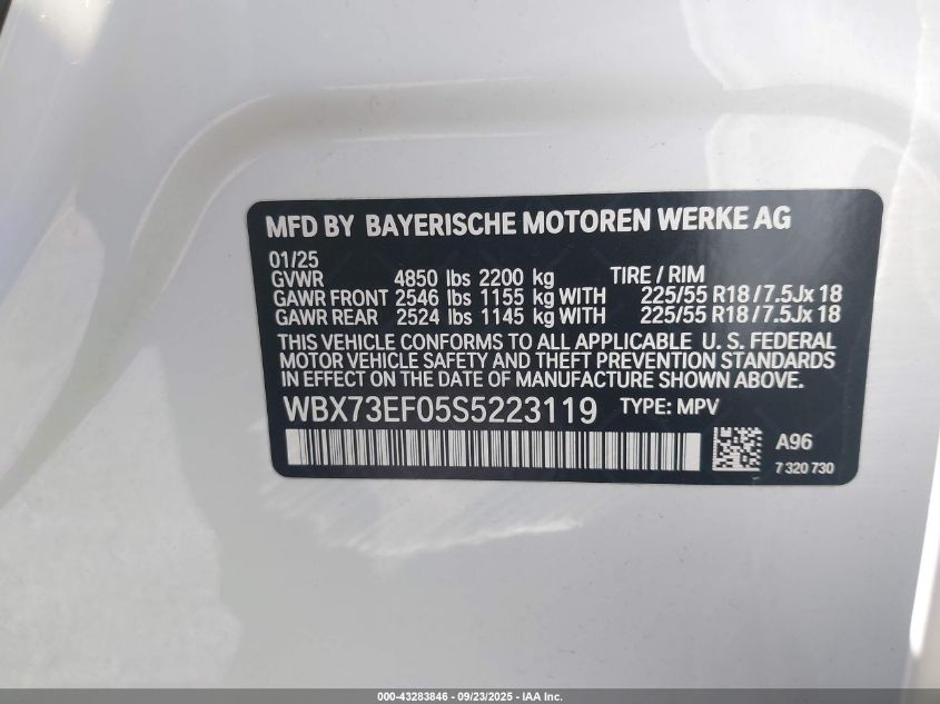 2025 BMW X1 xDrive28I VIN: WBX73EF05S5223119 Lot: 43283846