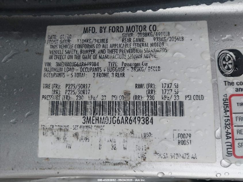 2010 Mercury Milan Premier VIN: 3MEHM0JG6AR649384 Lot: 43283852