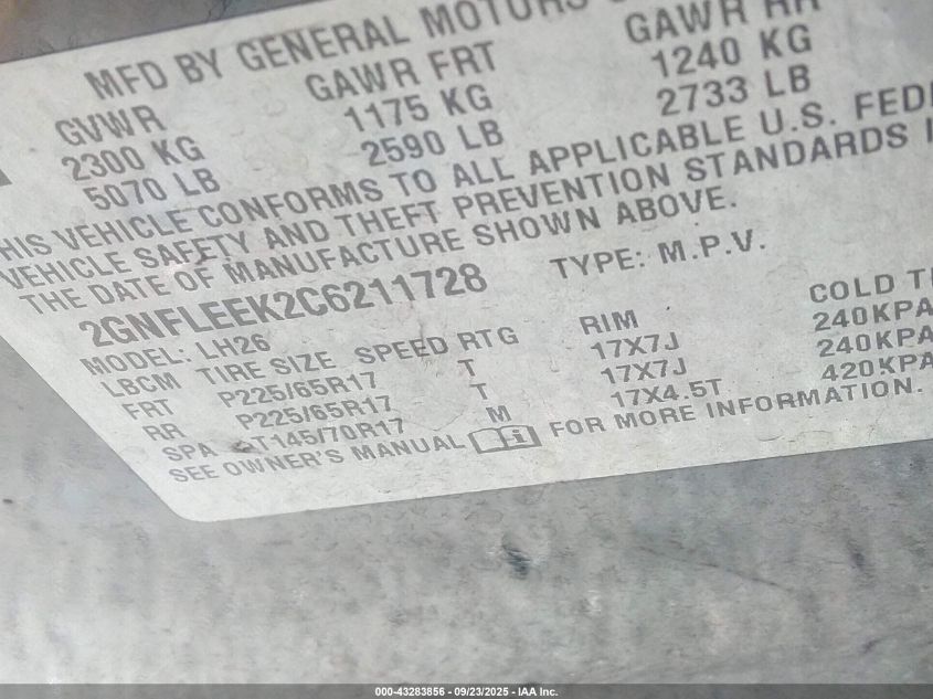 2012 Chevrolet Equinox 1Lt VIN: 2GNFLEEK2C6211728 Lot: 43283856