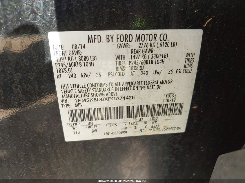 2015 Ford Explorer Xlt VIN: 1FM5K8D8XFGA71426 Lot: 43283860