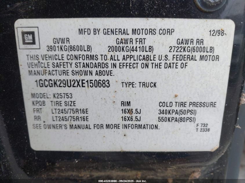 1999 Chevrolet Silverado 2500 Lt VIN: 1GCGK29U2XE150683 Lot: 43283866