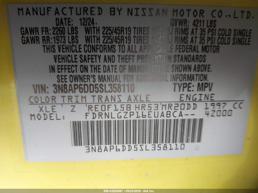 2025 Nissan Kicks Sr Intelligent Awd VIN: 3N8AP6DD5SL358110 Lot: 43283867