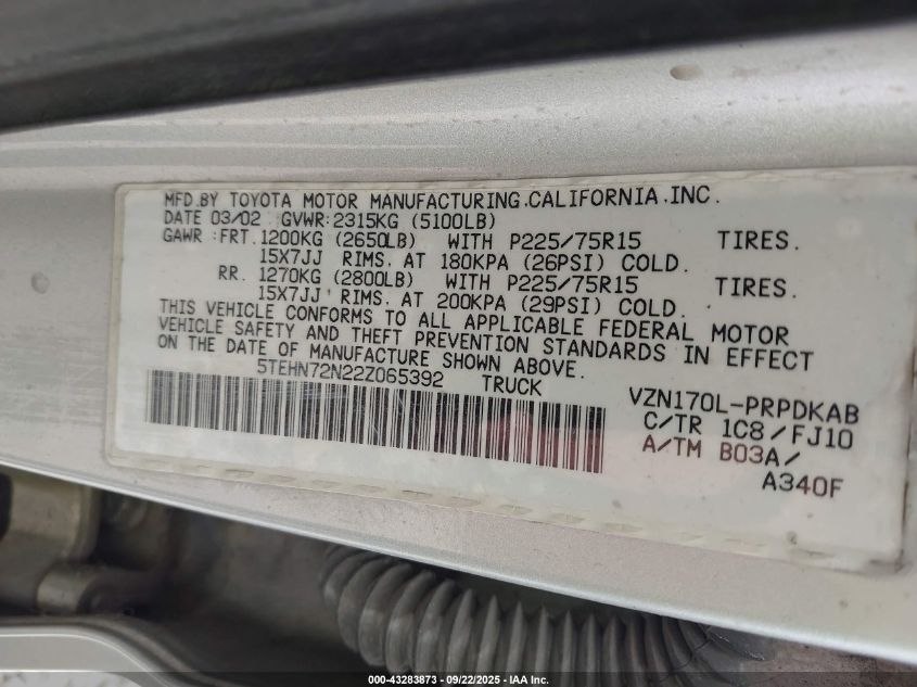 2002 Toyota Tacoma Base V6 VIN: 5TEHN72N22Z065392 Lot: 43283873