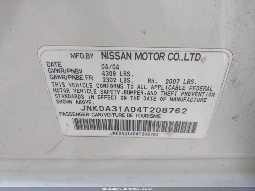 2004 Infiniti I35 Luxury VIN: JNKDA31A04T208762 Lot: 43283877