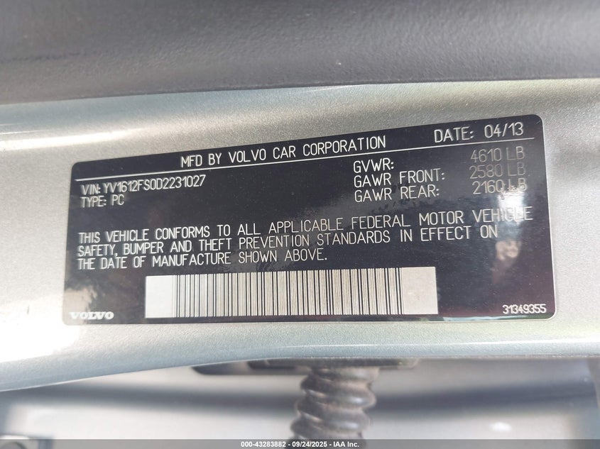 2013 Volvo S60 T5/T5 Platinum/T5 Premier/T5 Premier Plus VIN: YV1612FS0D2231027 Lot: 43283882
