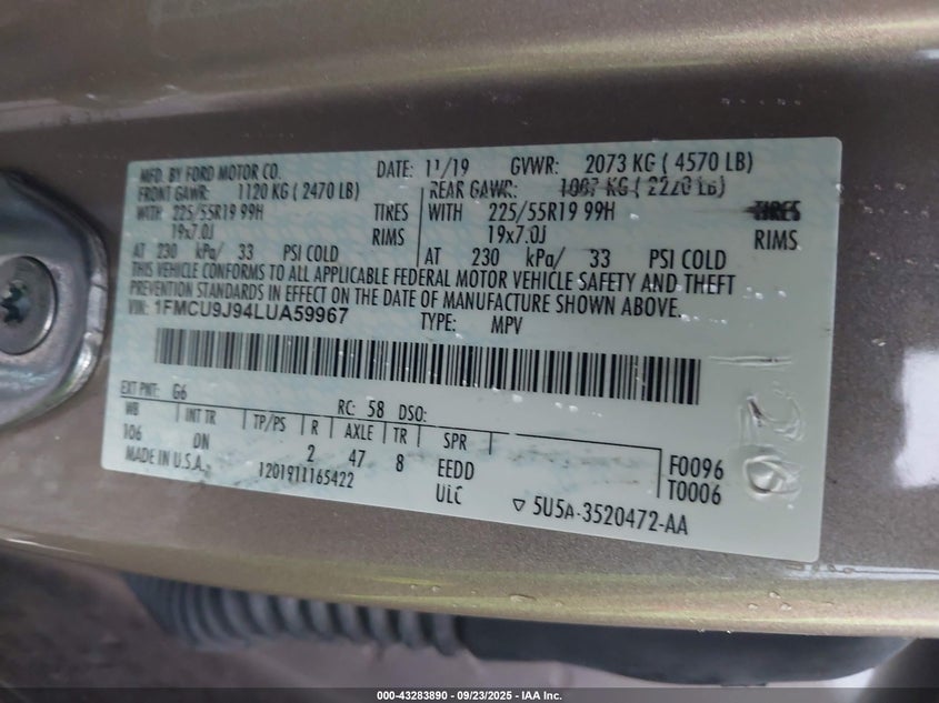 1FMCU9J94LUA59967 2020 FORD ESCAPE photo no. 9