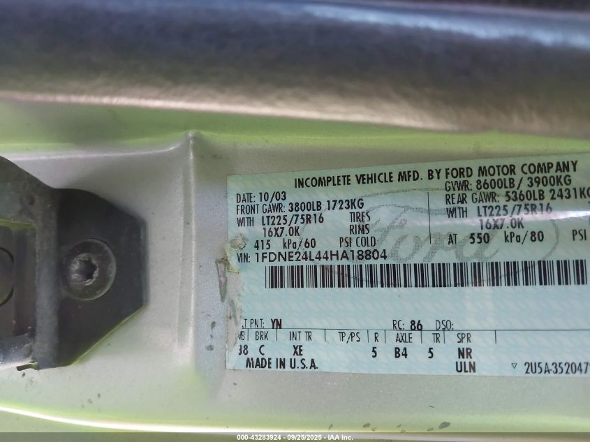 2004 Ford E-250 Recreational VIN: 1FDNE24L44HA18804 Lot: 43283924