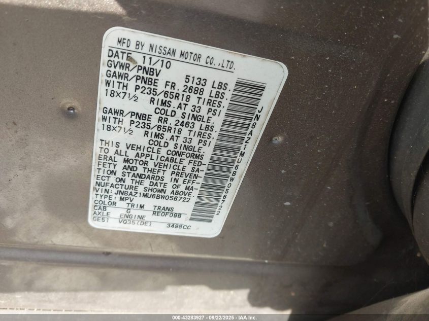 2011 Nissan Murano S VIN: JN8AZ1MU6BW056722 Lot: 43283927