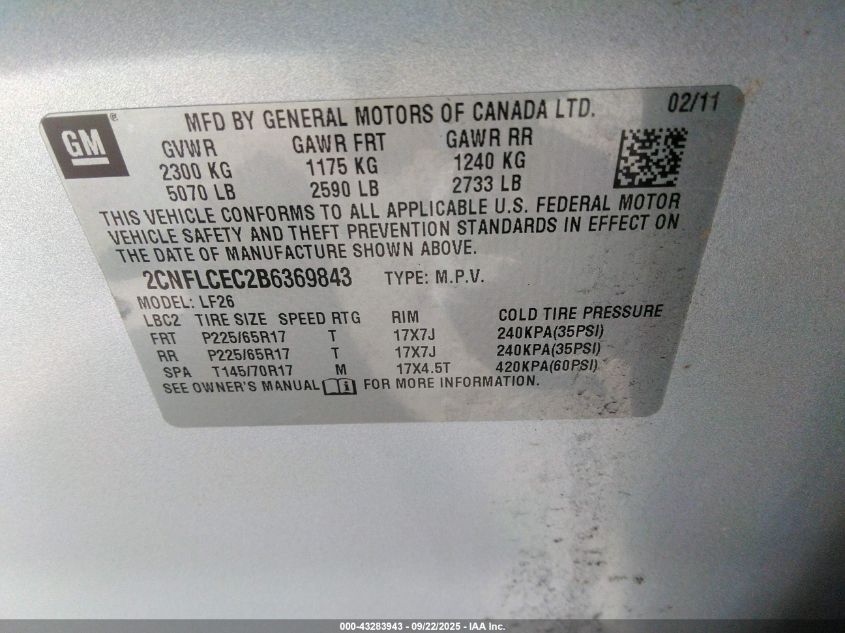 2011 Chevrolet Equinox Ls VIN: 2CNFLCEC2B6369843 Lot: 43283943