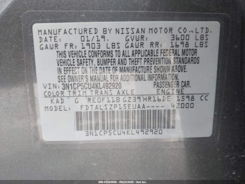 2019 Nissan Kicks S/Sr/Sv VIN: 3N1CP5CU4KL492920 Lot: 43283958