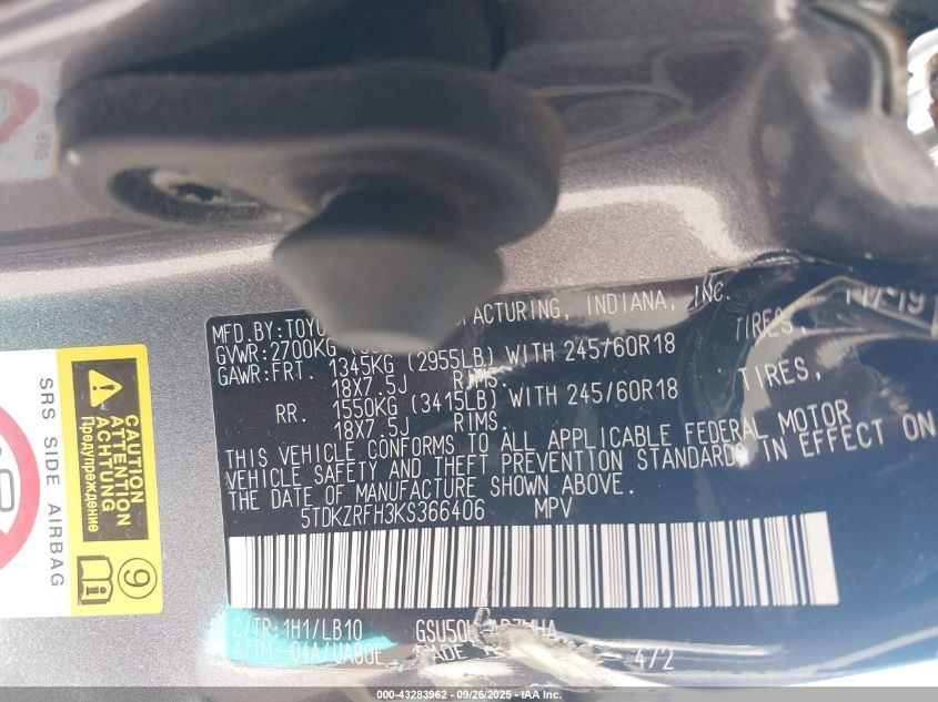 2019 Toyota Highlander Xle VIN: 5TDKZRFH3KS366406 Lot: 43283962