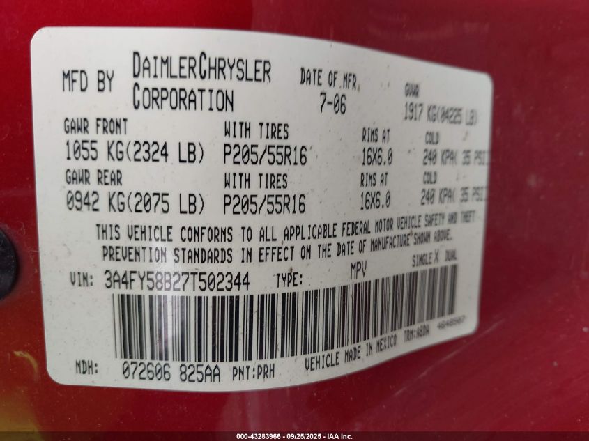 2007 Chrysler Pt Cruiser Touring VIN: 3A4FY58B27T502344 Lot: 43283966