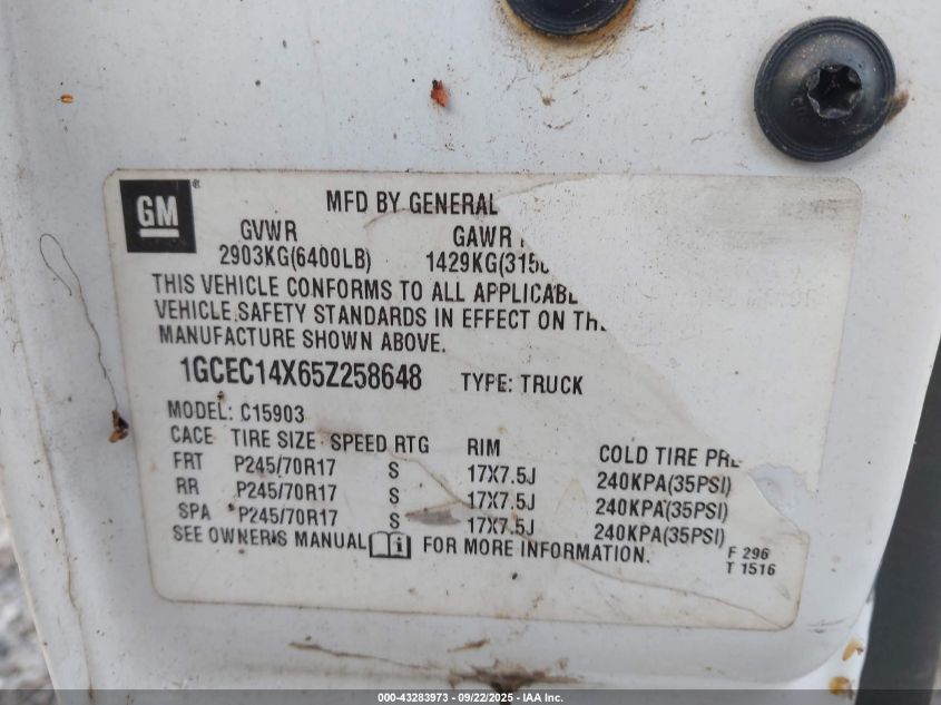 2005 Chevrolet Silverado 1500 Work Truck VIN: 1GCEC14X65Z258648 Lot: 43283973