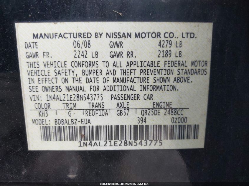 2008 Nissan Altima 2.5 S VIN: 1N4AL21E28N543775 Lot: 43283985