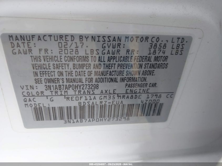 2017 Nissan Sentra Sr VIN: 3N1AB7AP0HY273298 Lot: 43284007