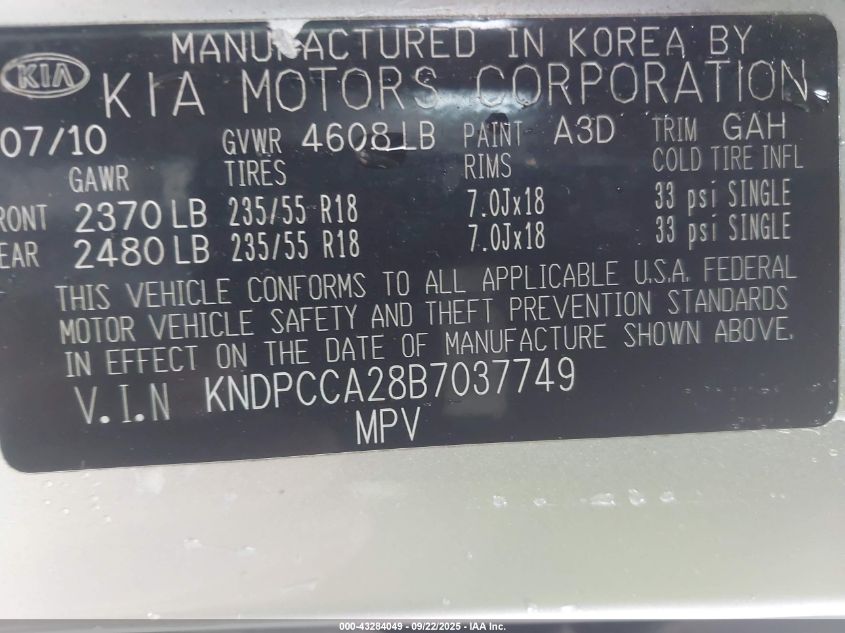2011 Kia Sportage Ex VIN: KNDPCCA28B7037749 Lot: 43284049