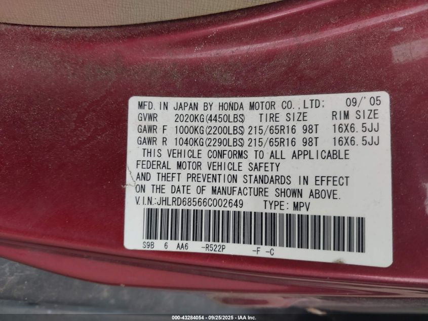 2006 Honda Cr-V Lx VIN: JHLRD68566C002649 Lot: 43284054