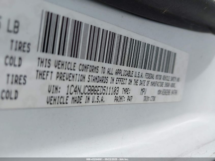 2014 Jeep Compass Sport VIN: 1C4NJCBB6ED511103 Lot: 43284061