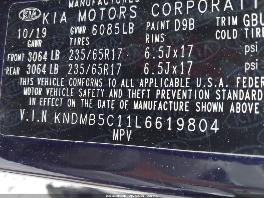 2020 Kia Sedona Lx VIN: KNDMB5C11L6619804 Lot: 43284066