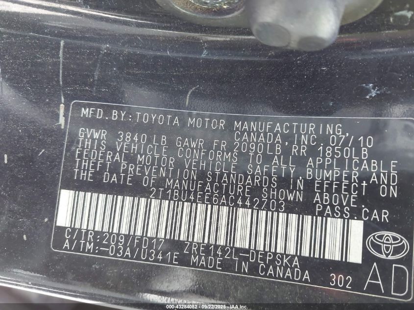 2010 Toyota Corolla S/Le/Xle VIN: 2T1BU4EE6AC482703 Lot: 43284082