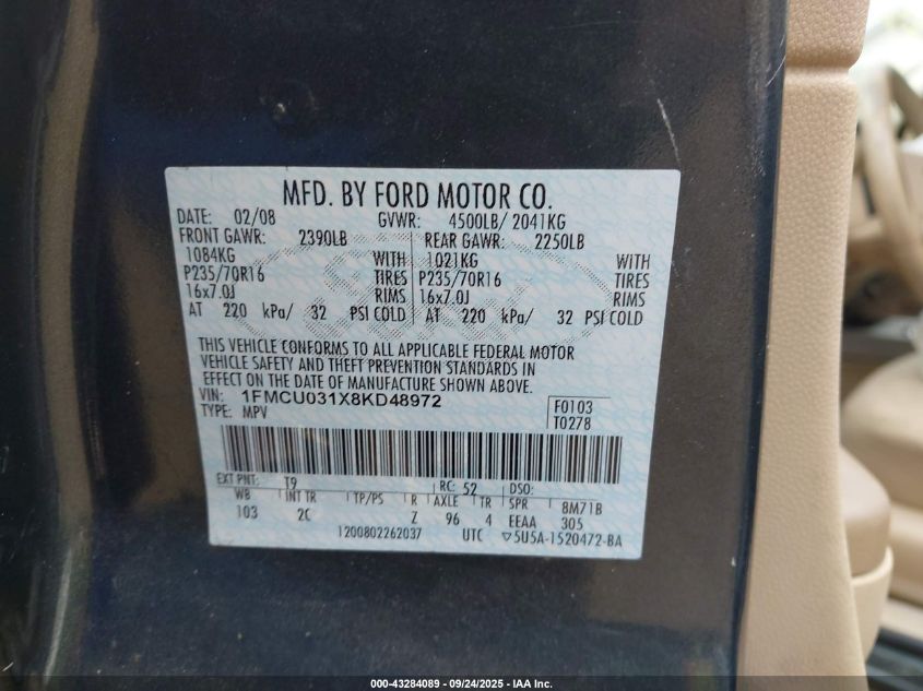 2008 Ford Escape VIN: 1FMCU03AX8KD48972 Lot: 43284089