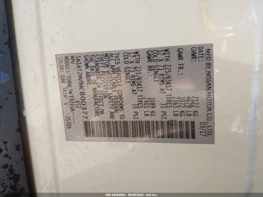 2017 NISSAN ROGUE SV - 5N1AT2MV9HC800377