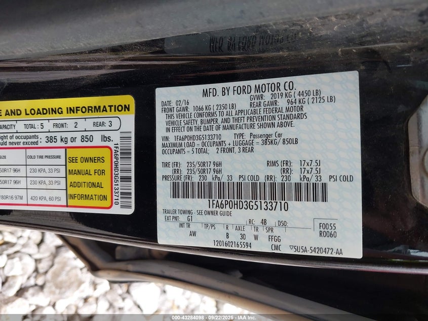 2016 Ford Fusion Se VIN: 1FA6P0HD3G5133710 Lot: 43284098