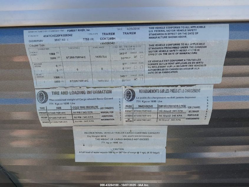 2015 Cherokee Grey Wolf VIN: 4X4TCKE20FK026342 Lot: 43284100