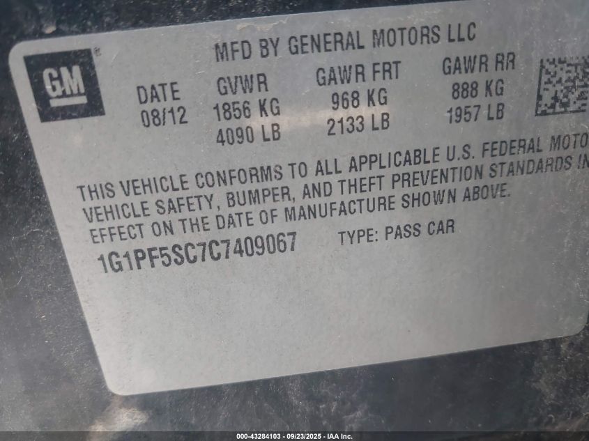 2012 Chevrolet Cruze 1Lt VIN: 1G1PF5SC7C7409067 Lot: 43284103