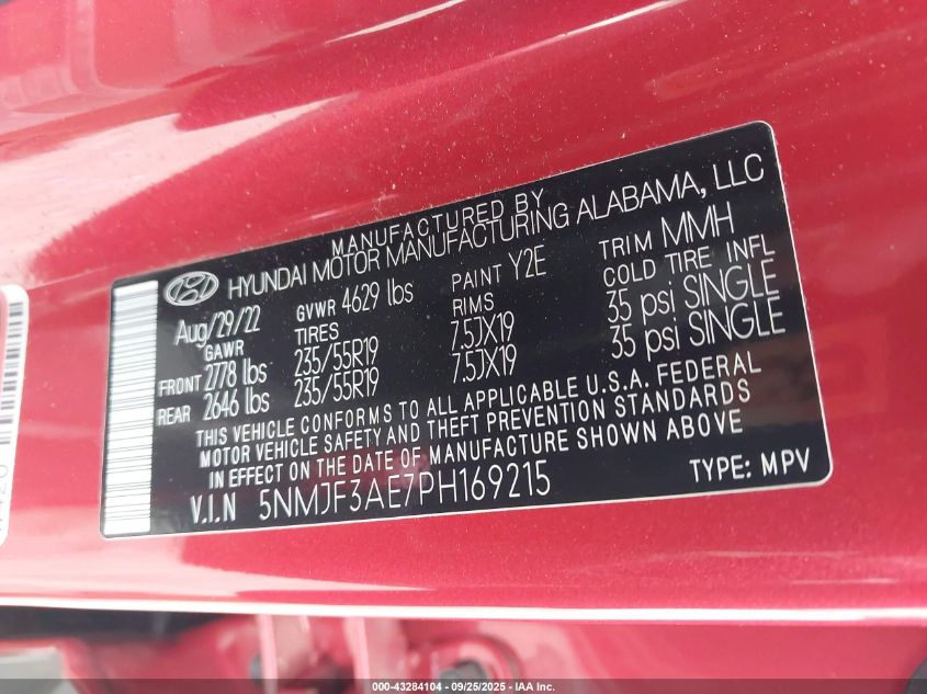 2023 Hyundai Tucson Sel VIN: 5NMJF3AE7PH169215 Lot: 43284104