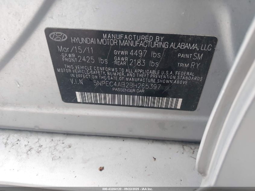 2011 Hyundai Sonata Limited 2.0T VIN: 5NPEC4AB2BH265397 Lot: 43284120