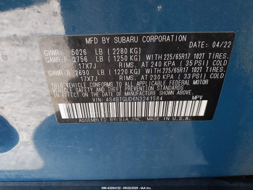 2022 Subaru Outback Wilderness VIN: 4S4BTGUD6N3241584 Lot: 43284132