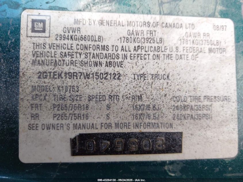 1998 GMC Sierra 1500 Sl Wideside VIN: 2GTEK19R7W1502122 Lot: 43284138