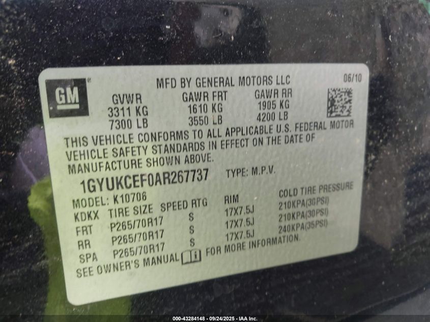 2010 Cadillac Escalade VIN: 1GYUKPEF0AR267737 Lot: 43284148
