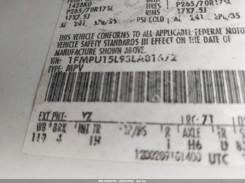 2003 Ford Expedition Xlt VIN: 1FMPU15L93LA81672 Lot: 43284152