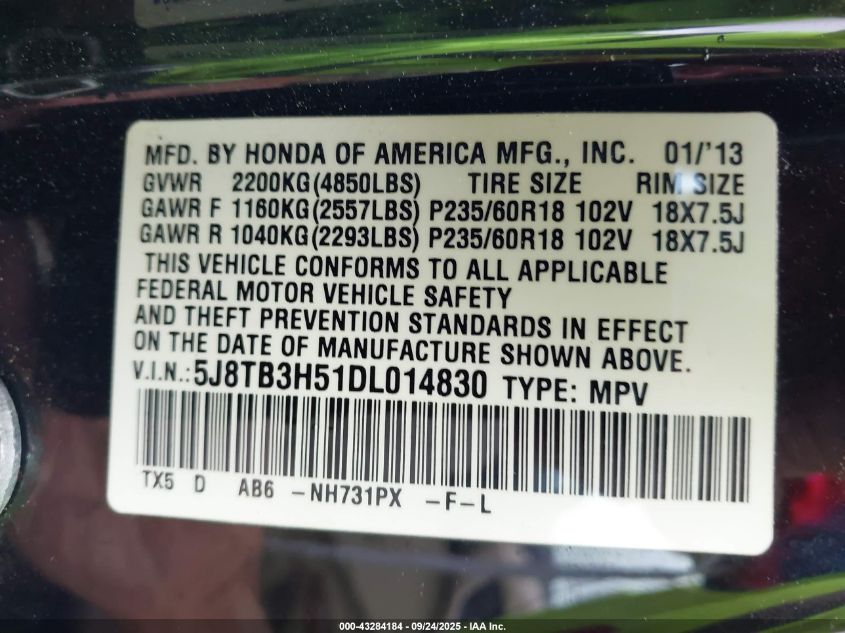 2013 Acura Rdx VIN: 5J8TB3H51DL014830 Lot: 43284184