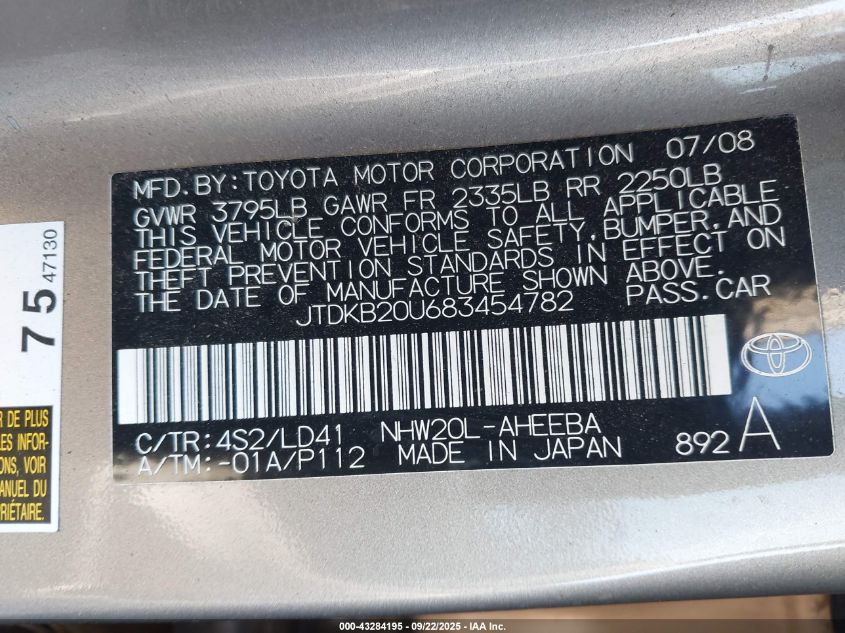 2008 Toyota Prius VIN: JTDKB20U683454782 Lot: 43284195